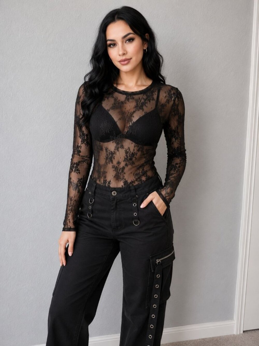 No Comment Martine sheer top in black featuring a delicate floral lace design L